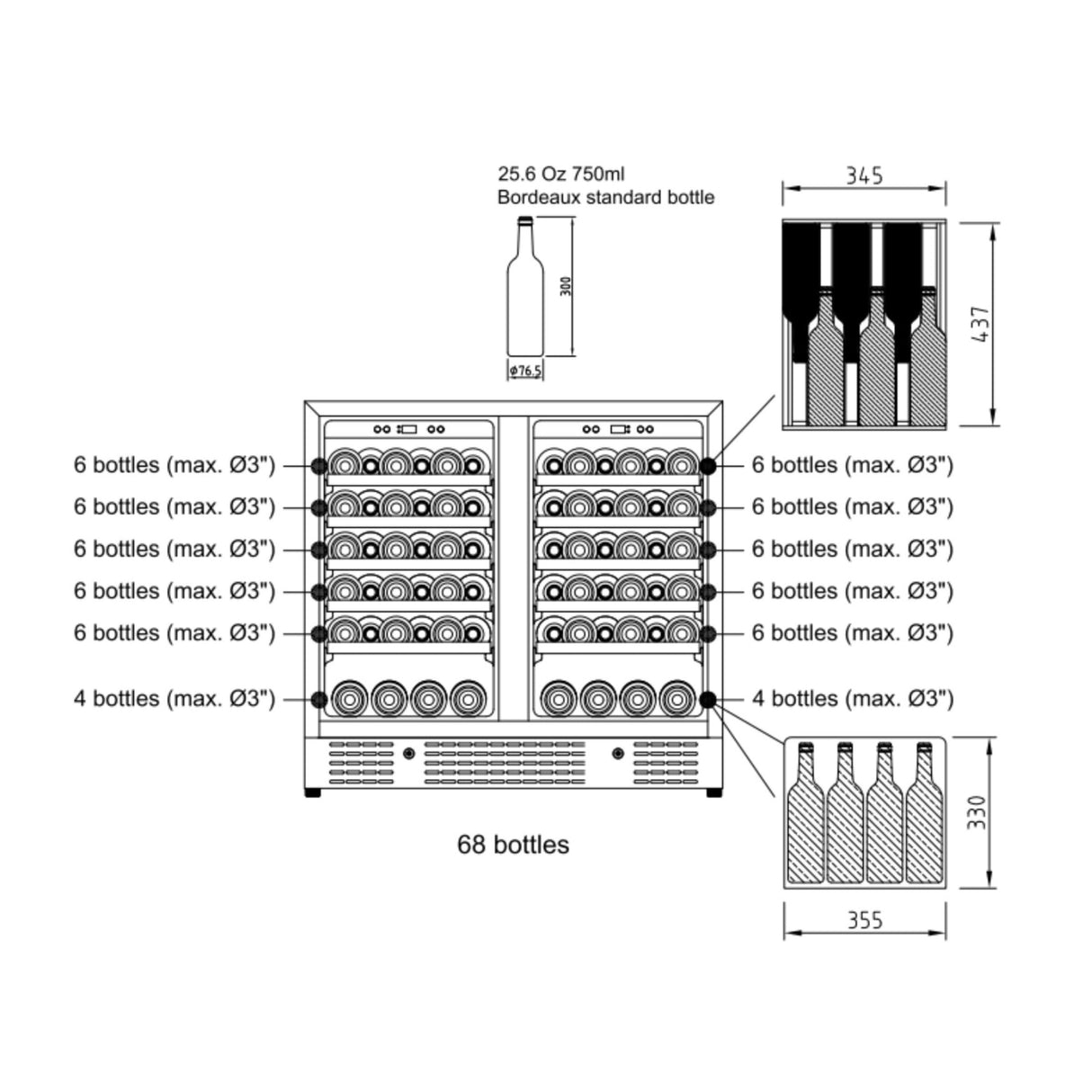 KingsBottle 36-inch Under Bench Dual-Zone Wine Cooler with Low-E Glass Door